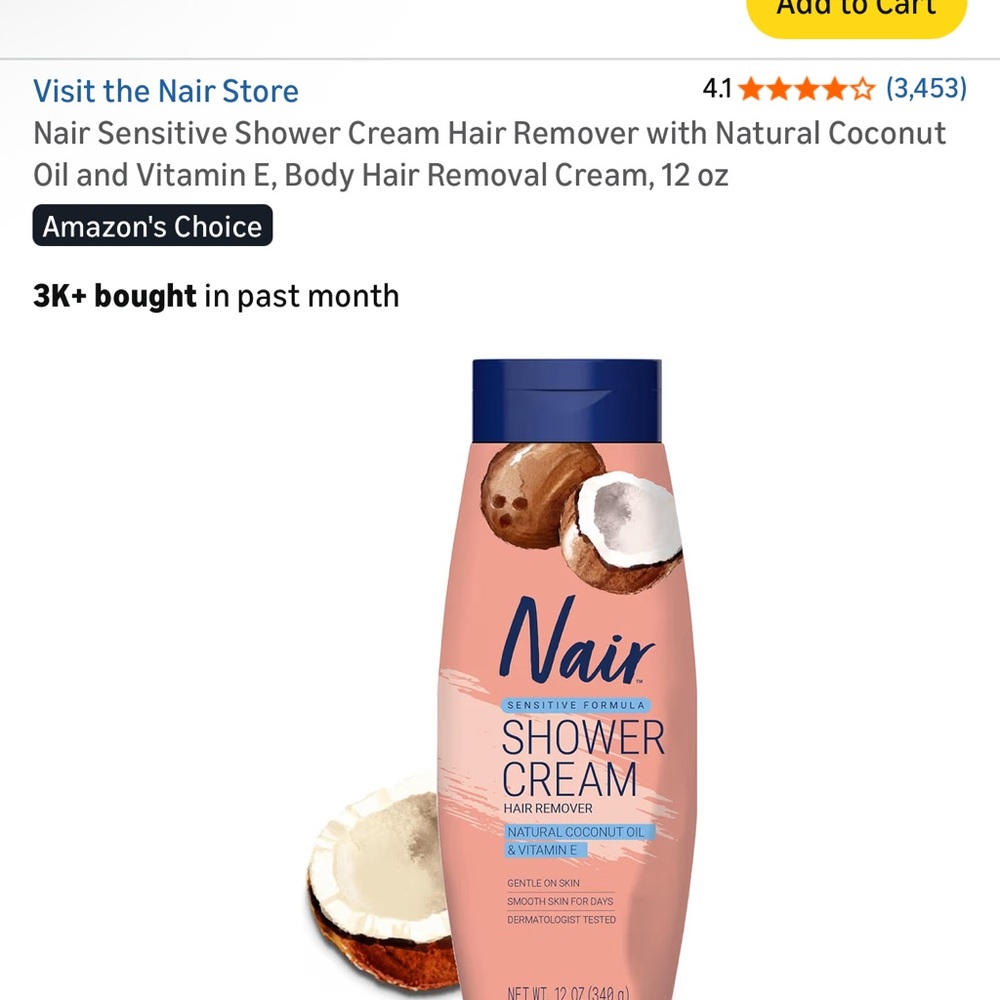 NAIR Sensitive Shower Cream Hair Remover with Natural Coconut Oil